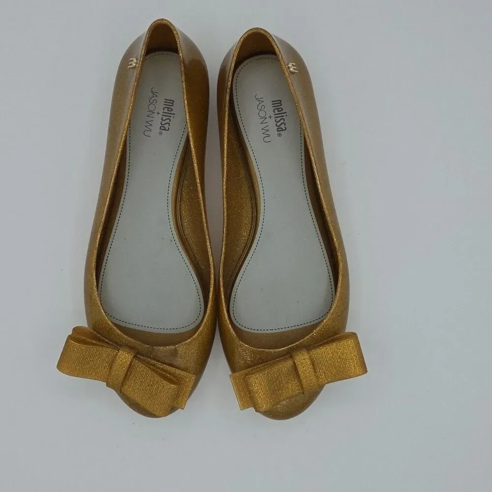 Jason Wu X Melissa Gold Glitter Bow Jelly Ballet Flats Women's SZ 7 Loafers EUC